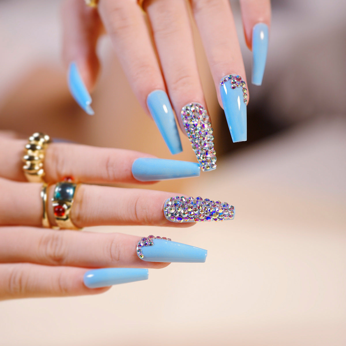 Sky Blue Full Diamond Wear Finished Nail Beauty Fake Nails Press on nail Nail Patch Detachable Nail Tip Cross-Border