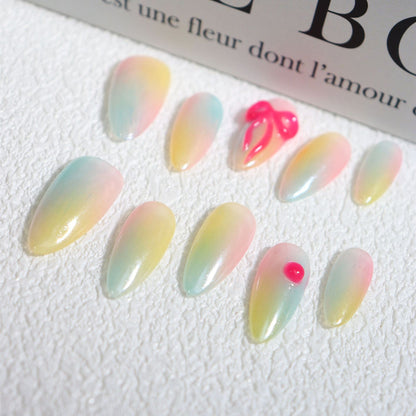 Gradient Macaron Hand Pinch Three-Dimensional Bow Almond Nail Hand Wear Armor College Student Nail Stickers Cute