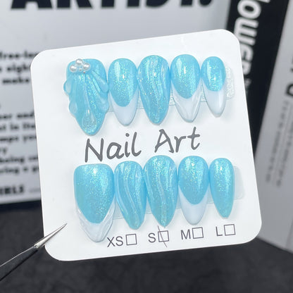 Mermaid European, American and French Style Almond Nail Simple Ocean Blue Shell Pattern Atmosphere Handmade Wear Nail