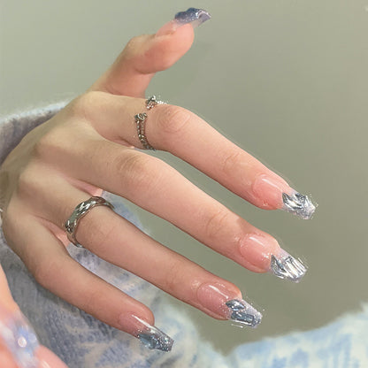 Bright Starry Sky Blue Flash Light Diamond Handmade Wearable Nail Detachable Fake Nails Nail Stickers Wholesale