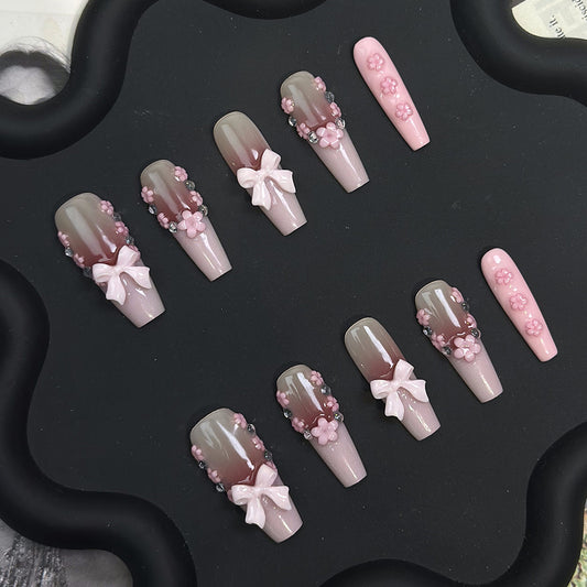 Cross-Border Hot Selling European and American Coffin Nail Handmade Wear Nail Bow Jewelry Nail Stickers Finished Cute Nails