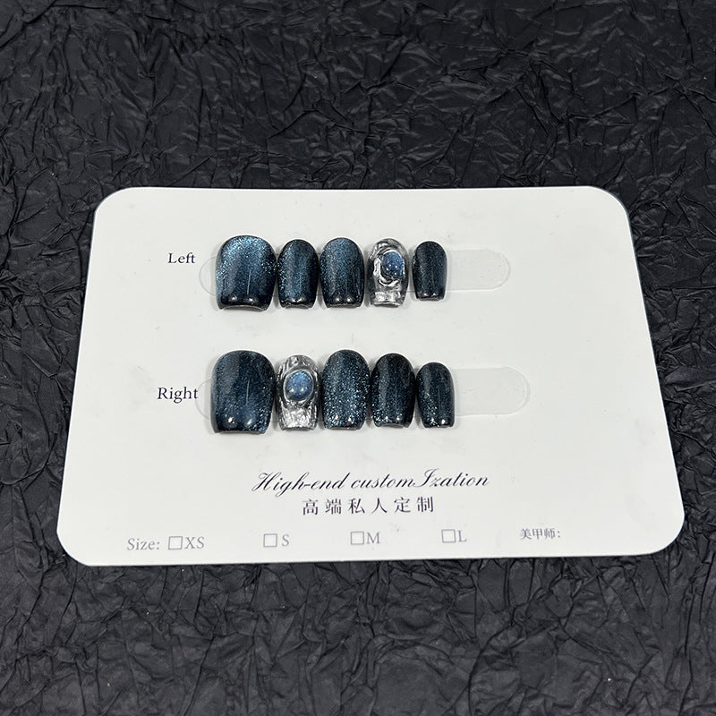 Blue Elf Crystal Cat's Eye Wear Nail Short Nail Stickers Handmade Wear Nail Wholesale Cross-Border European and American Style Manicure