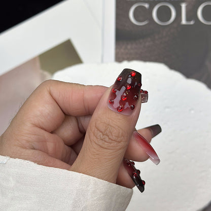 Cross-Border New Arrival European and American Cherry Red Fake Nails Hand-Worn Nail Nail Shaped Piece Removable Nail Stickers Finished Product