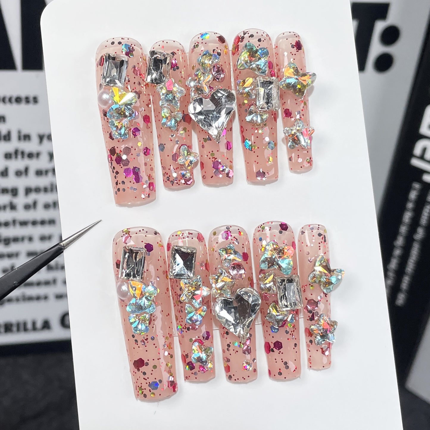 European and American Mid-Length Water Pipe Nail Beauty Ice Shining Full Diamond Hand-Worn Nail Cross-Border Foreign Trade Wearable Nail Sticker