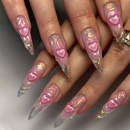 Wear a Nail Piece Wholesale3D Pink Love Fake Nails Super Long Pointed Manicure Cross-Border Hot Selling Nail Sticker