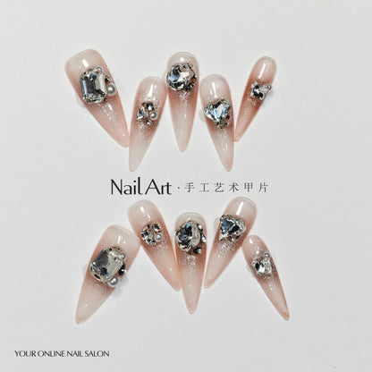 Handmade Wear Armor High-Grade Cat Eye Rhinestone Pearl Brandy Handmade Nail Stickers Fake Nail Tip Wholesale