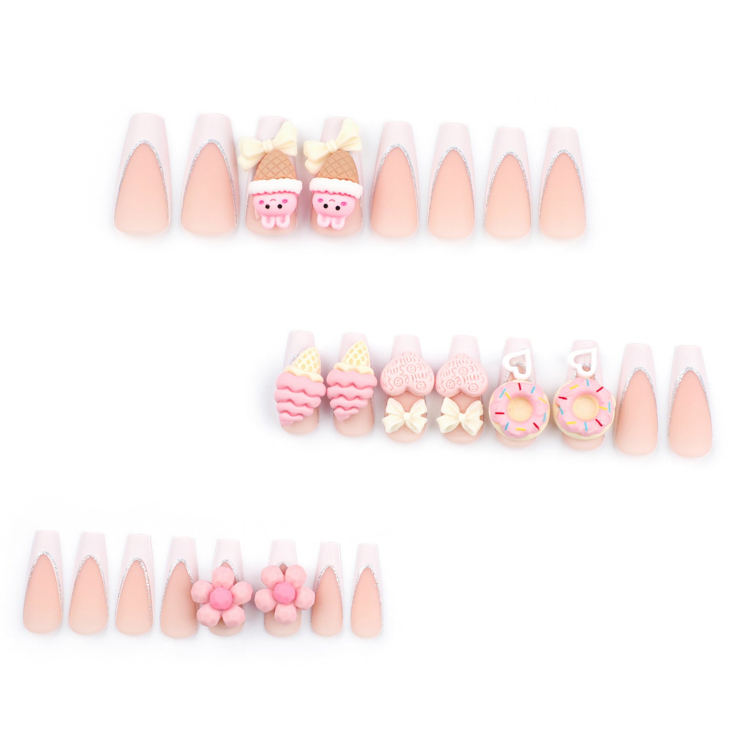 Sweet Cute Pink Ice Cream Cone Manicure Fake Nail Tip Three-Dimensional Love Heart Flowers Wear Nail Nail Patch