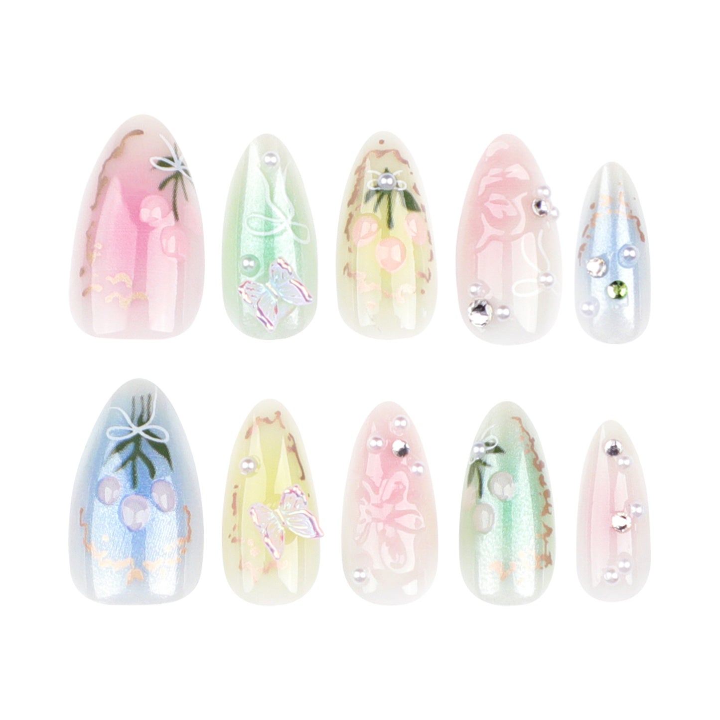 Summer Little Fresh Flower Wear Manicure Butterfly Blooming Fake Nails Short Almond Type Nail Tip Wear Nail Wholesale