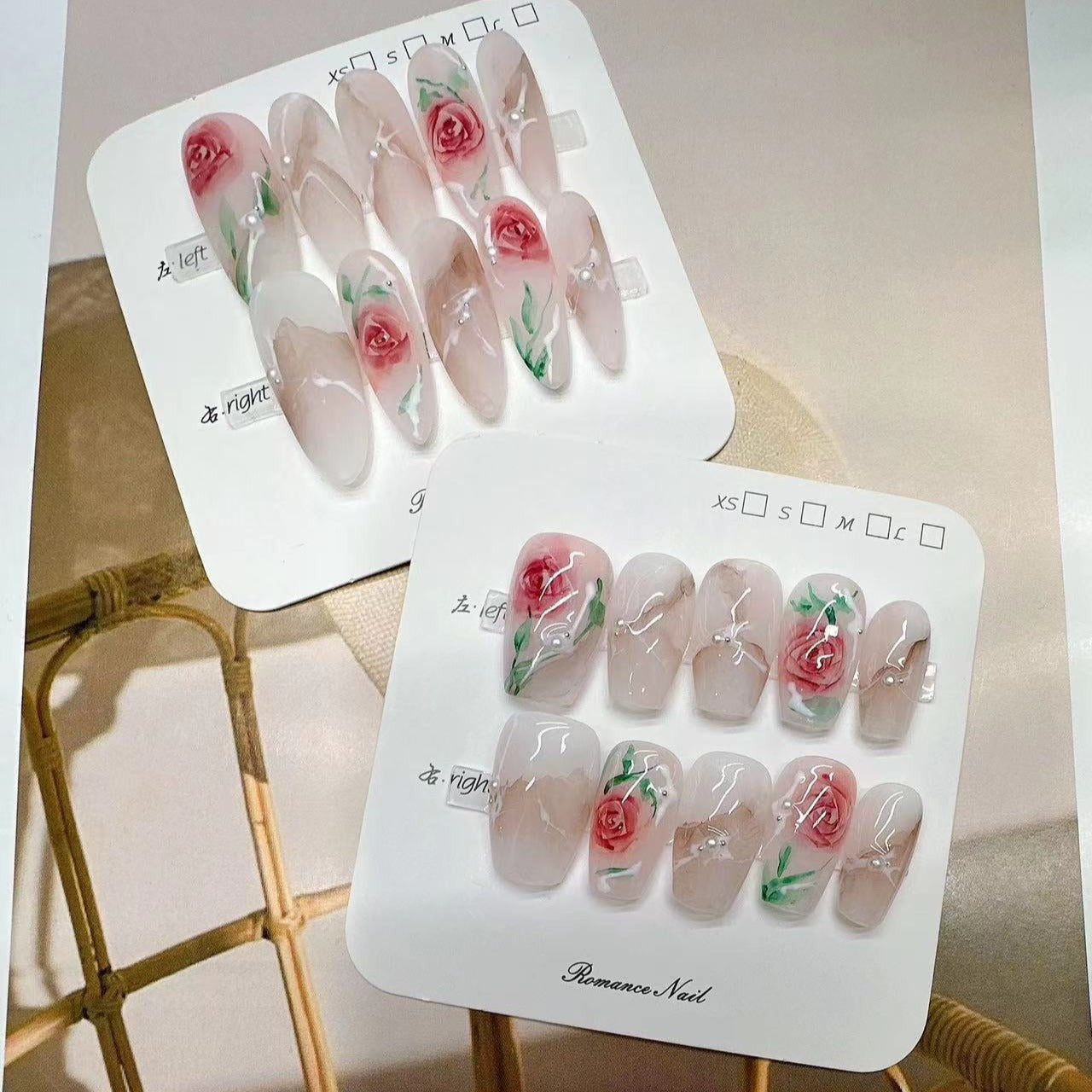 Handmade Wear Nail Gentle Temperament Marble Blooming Hand Painted Rose Mid-Length Wear Nail Handmade