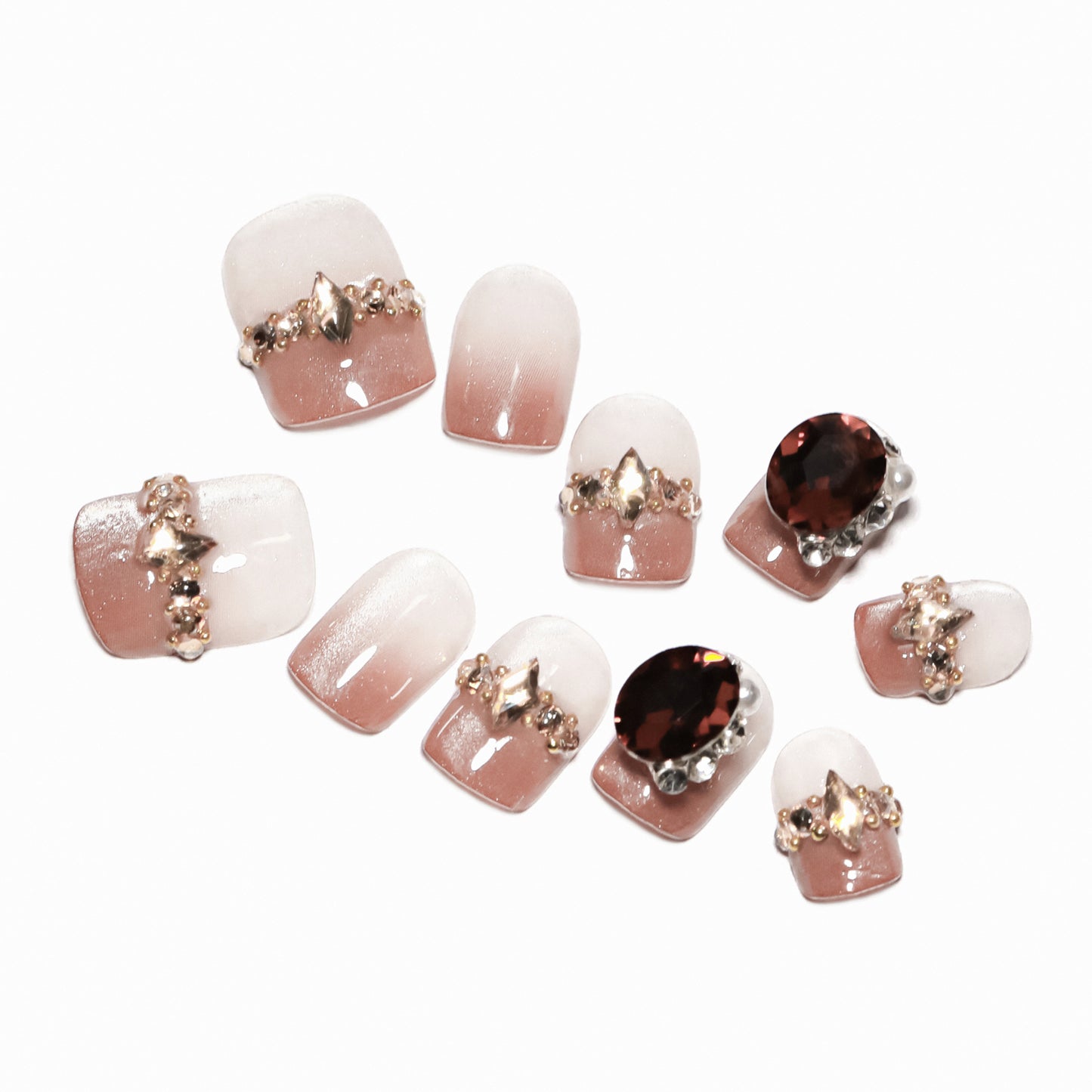 French Style Light Brown Cat's Eye Gradient Manicure Sweet College Style Wear Nail Rhinestone Flash Short Fake Nails Nail Tip