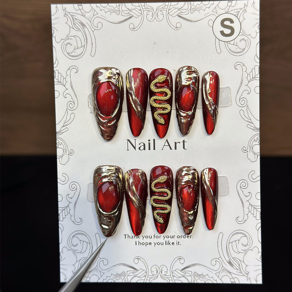 European and American Long Almond Hand-Wear Nail Red Cat's Eye Metal Feeling Cloth Cut-up Manicure Detachable Nail Patch