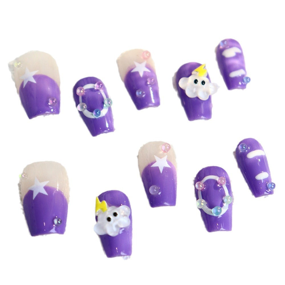 Cartoon Cute Lightning Cloud Purple Handmade Wear Nail Irregular French Bubble Student Wear Manicure