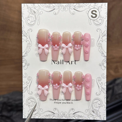 Cross-Border Hot Selling European and American Coffin Nail Handmade Wear Nail Bow Jewelry Nail Stickers Finished Cute Nails