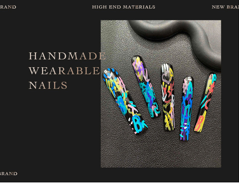 Trending Graffiti Hand-Painted Design Handmade Nail Tip Manicure Fashion Finished Product Nail Shaped Piece