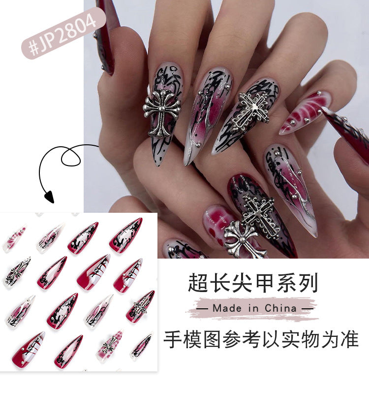 European and American Hot Girls Wear Nail Polish Piece Dark Cross Nail Art Nail Shaped Piece Hot Silver Blooming Fake Nails Nail Shaped Piece