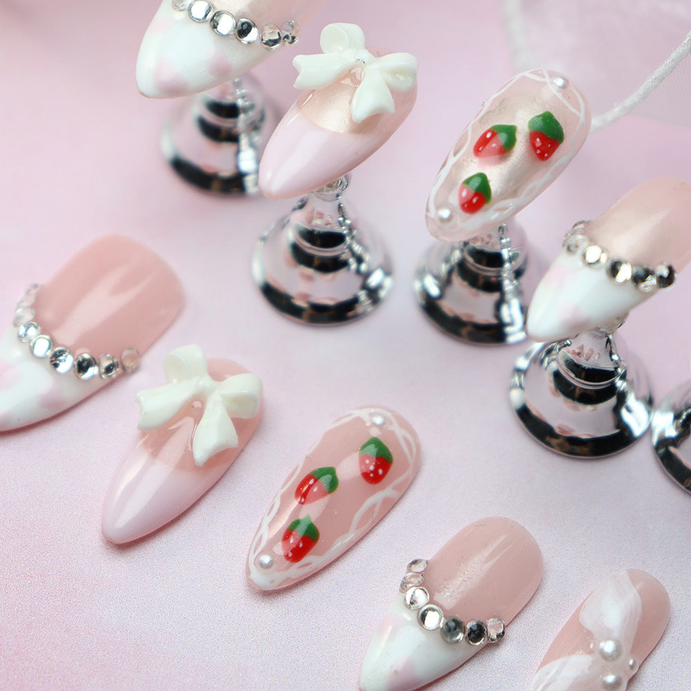 Detachable Wear Nail Tip Strawberry Girl Three-Dimensional Bow French Wear Nail Tip Finished Handmade