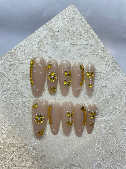 Handmade Wear Nail Internet Celebrity Hot Summer Classic Nude Golden Wheat Elegant High-Grade Long Manicure