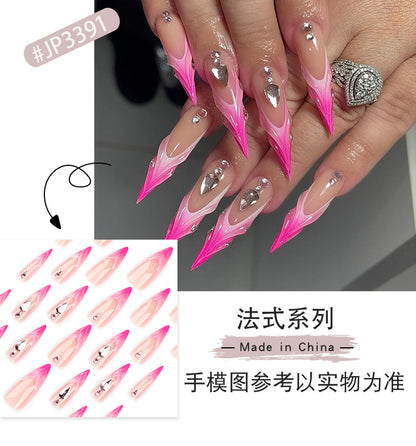 Super Long Pointed Nail Tip Finished Products Wholesale French Rose Gradient Fake Nails Rhinestone3D Three-Dimensional Manicure Wear Nail