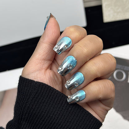 Europe and America Cross Border Popular Mirror Blue Sparkling Water Gradient Finished Product Nail Stickers Handmade Advanced Removable Nail Tip