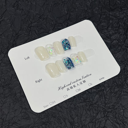 Summer Fresh Blue Sequins Short Wear Finished Nail Beauty Patch Fake Nails Handmade Wear Nail Wholesale