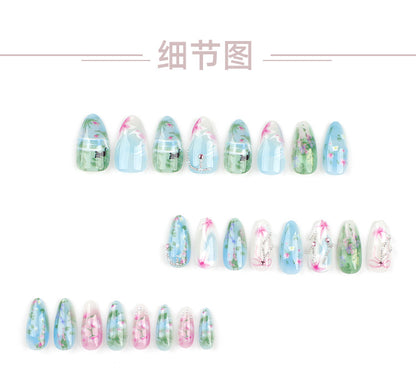 24Spring and Summer New Almond Nail Fake Nails Pastoral Style Fresh Flower Wear Nail Polish Piece Wholesale