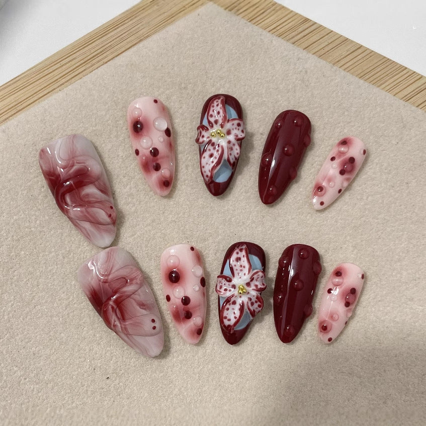 Hot Selling European and American Blooming Hand-Painted Three-Dimensional Carved White High-Grade Mid-Length Manicure Wear Nail Handmade Summer