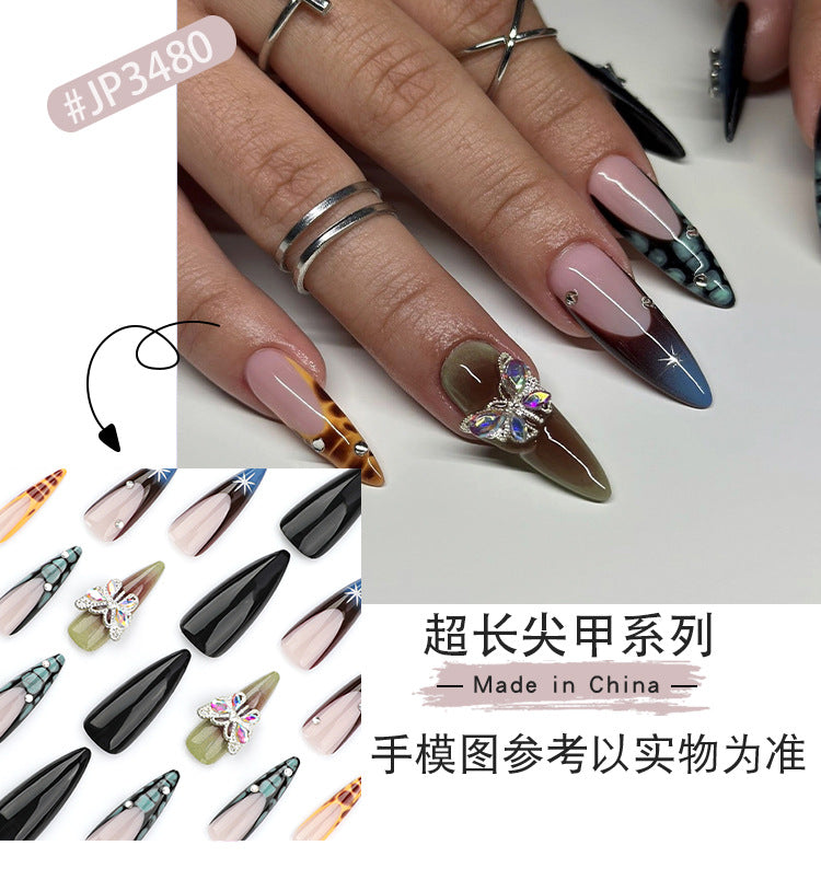 European, American and French Style Wear Armor Autumn New Spot Drill Butterfly Nail Art Blooming Wear Nail Tip Pure Black Fake Nails