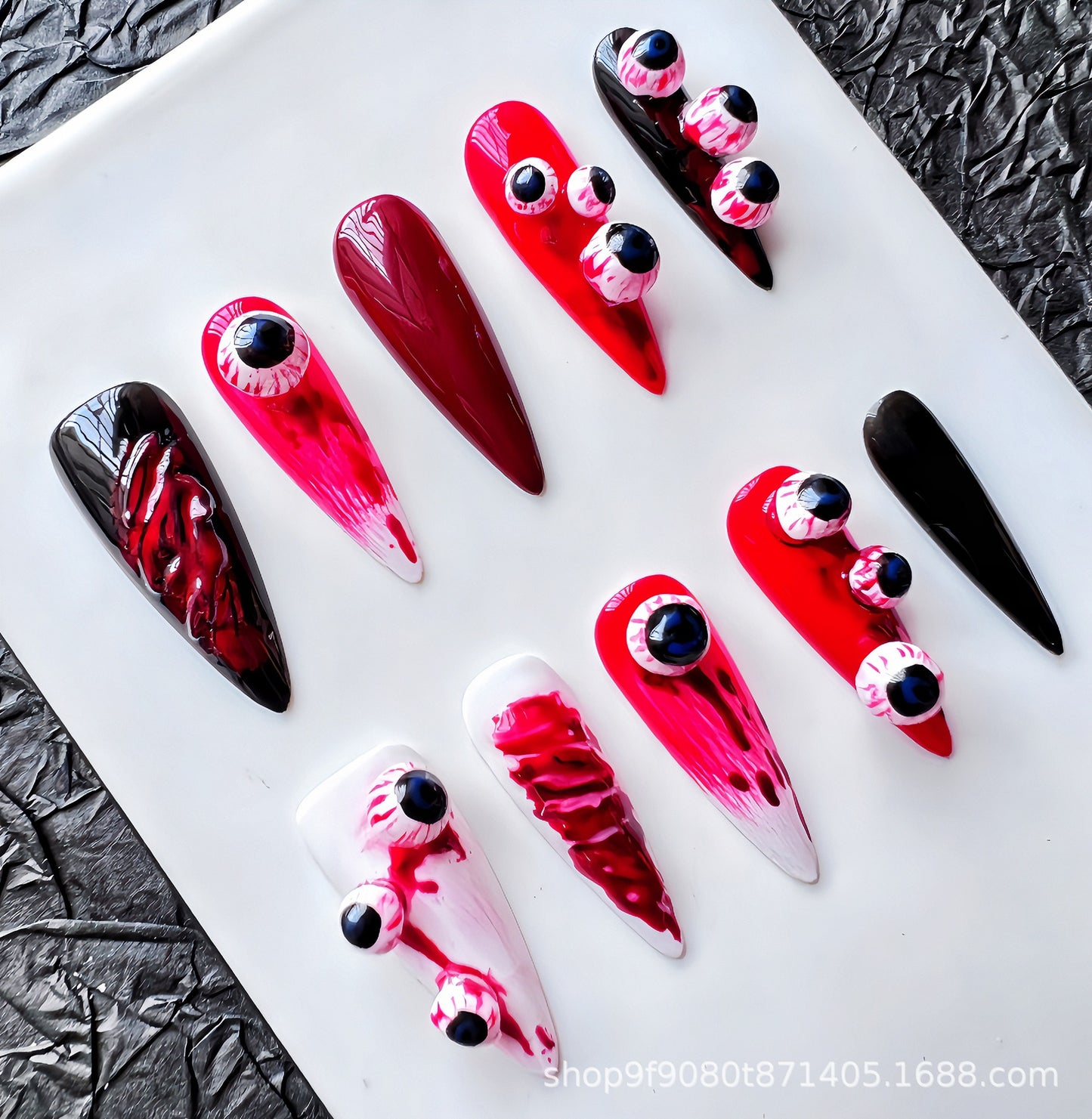 European and American-Style Mid-Length Handmade Wear Nail Halloween Long Pointed Almond Pure Hand Painted Beautiful White Temperament Wear