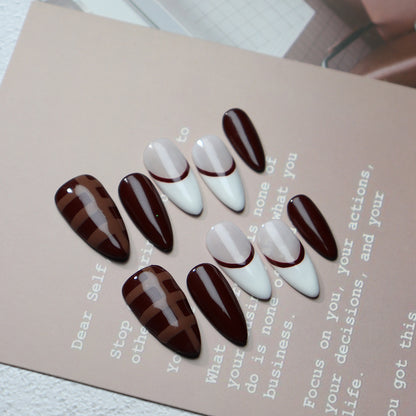 Brown French Hot Girl Minimalist French White Pure Hand-Worn Nail European and American Nail Stickers Overseas Cross-Border Finished Product