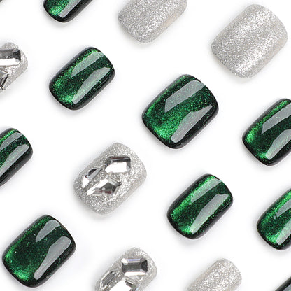 Retro Affordable Luxury Cat's Eye Emerald Green Nail Beauty Solid Color Silver Glitter Fake Nails White Diamond Full Diamond Wear Nail Polish Piece