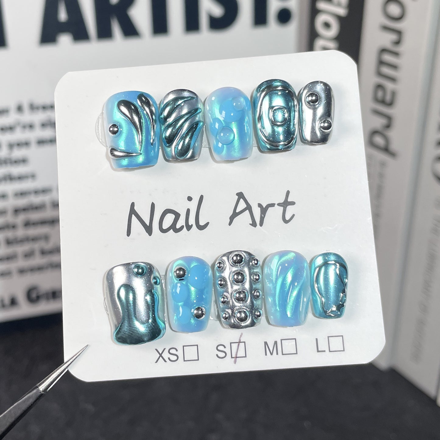 【Dyed Nail】Cross-Border European and American Hand-Worn Nail Blue Dream Merman Tears Sweet Cool Hot Girl Short Manicure Wholesale