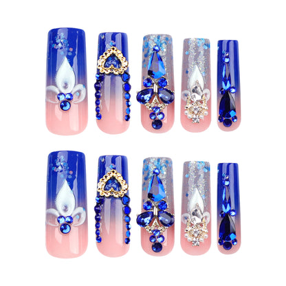 French Wear Nail Wholesale Cross-Border Hot Rhinestone Flash Nail Tips Finished Water Pipe Type Rectangular Nail Fake Nails