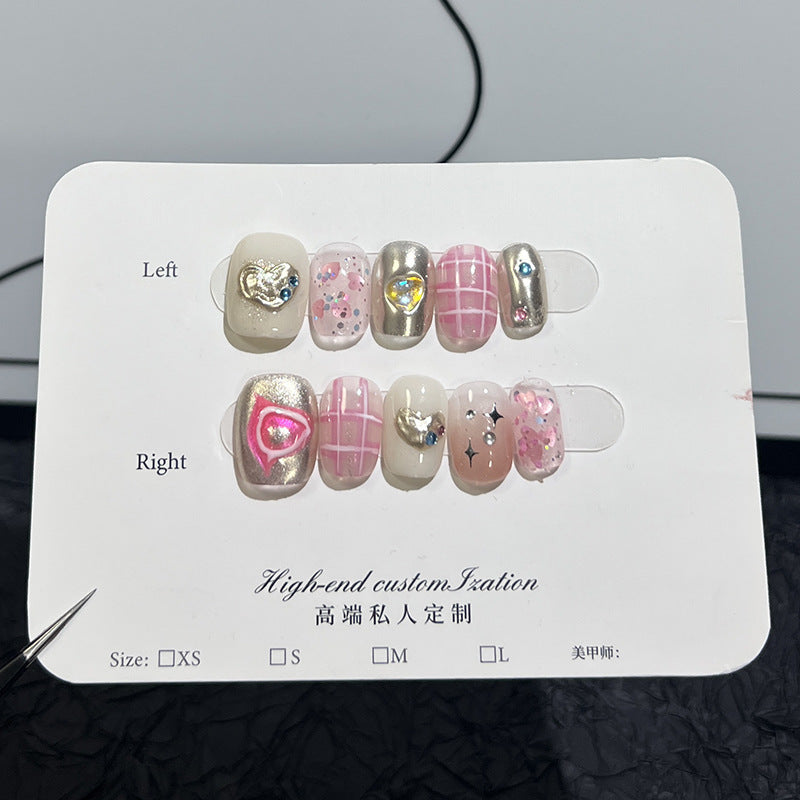 Handmade Wear Hot Girl Sweet y2k Plaid Magic Mirror Effect Powder Short Nail Stickers Reusable Fake Nails