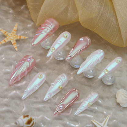 Long Pointed Nail Stickers European and American Sweet Cool Hot Girl Style Shell Patch Handmade Aurora Epoxy Wear Nail Detachable Nail