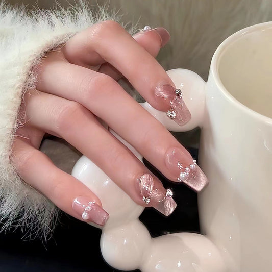 Xiaohongshu Same Style Ribbon Handmade Wear Nail Hand Painted Pearl Cat Eye Fall/Winter Hot-Selling White Finished Nail Beauty