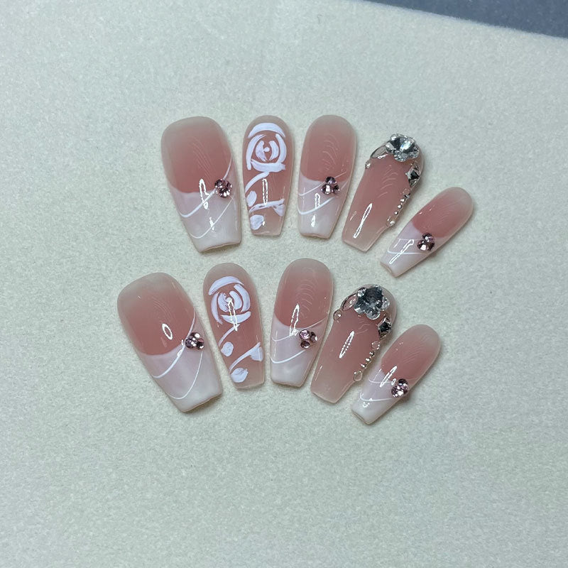 Rose Manor Hand-Worn Nail French Hand-Painted Rose Temperament Pure Desire Nail Stickers Affordable Luxury Style Wear Nail Middle Ladder