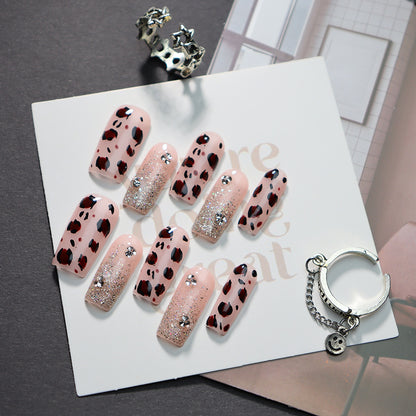 New Nail Beauty Patch Wear Armor Advanced Rectangular Pink Leopard Print Glitter Hot Girl Sweet Cool Xiaohongshu ins Wind