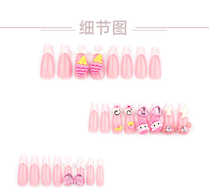 Sweet Cartoon Pink Nail Art Cone Ice Cream Wear Nail Three-Dimensional Bow Nail Tip Love Heart Rhinestone Fake Nails