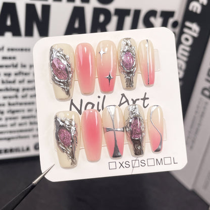 Sweet Cool Metal European and American Style Hand-Worn Nail Spray Gun Blush Irregular Cat Eye Mid-Length Nail Stickers Wholesale