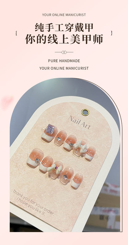 Handmade Wear Nail Bow Small Short French Wear Nail High-Grade Short Nail Light Luxury Blush Nail UV Nail