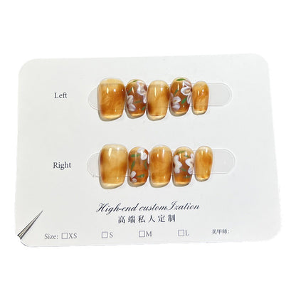 【Amber Flower Painting】Handmade Manicure Wearable Summer Simple Short Manicure Fake Nail Patch