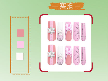 Super Long Water Pipe Nail Fake Nails Pink Sweet Tridimensional Bow Christmas Wear Nail French Snowflake Nail Tip