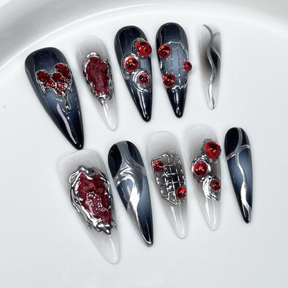 European and American Long Pointed Hand-Wear Armor Dark Gothic Style Sweet Cool Hot Girl Nail Stickers Halloween Fake Nails