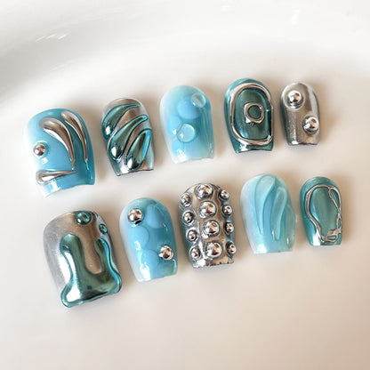 【Dyed Nail】Cross-Border European and American Hand-Worn Nail Blue Dream Merman Tears Sweet Cool Hot Girl Short Manicure Wholesale