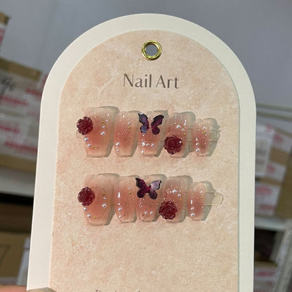 Handmade Wear Jia Wu Lekvar Spicy Girl Wine Red Camellia Butterfly Fake Nails Handmade Wear Nail Patch