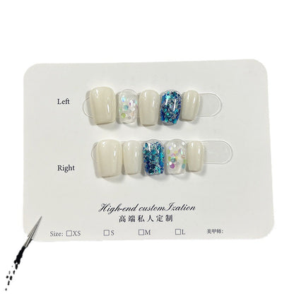 Summer Fresh Blue Sequins Short Wear Finished Nail Beauty Patch Fake Nails Handmade Wear Nail Wholesale