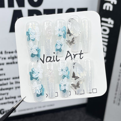 Handmade Wear Nail Ice Transparent Hand Painted Flower Extended Nail Stickers Wearable Nail Sticker Wholesale