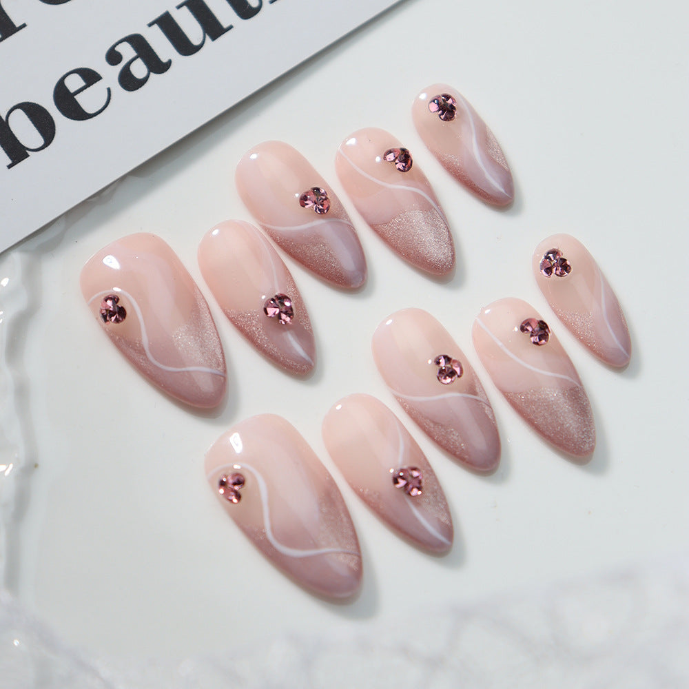 New Wear Armor Handmade Advanced Handmade French-Style Bride Armor Pink with Diamond Gentle Temperament Nail Stickers Finished Product