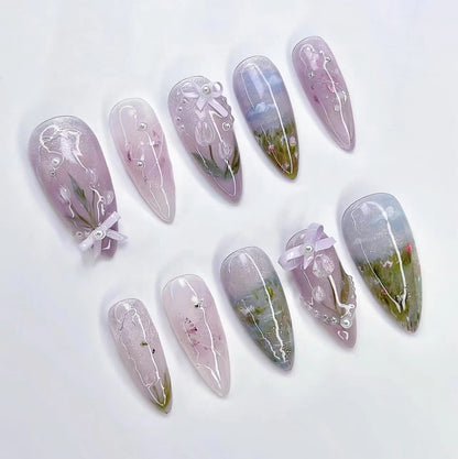 Fresh ins Sweet Wear Armor Monet Wearable Nail Tip Fake Nails Three-Dimensional Bow Pearl Nail Sticker