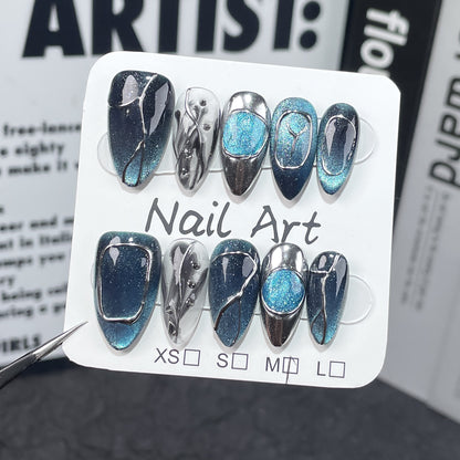 Handmade Wear Nail Hot Girl Cat Eye Nail Art Smudges Metallic Personality Fake Nails Cross-Border European and American Almond Nail